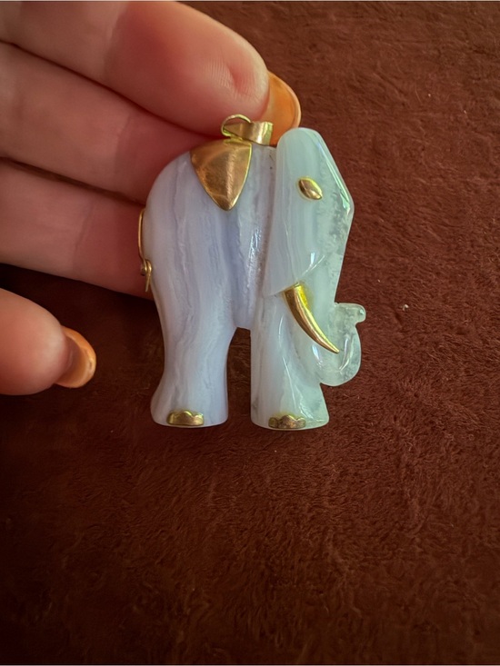 Artisan Jewelry - Carved Blue Lace Agate Elephant Pendant with 14k Gold Accents, Vintage